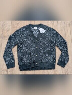 Casablanca Monogram Knit Wool Blend Cardigan Sweater Gray Large